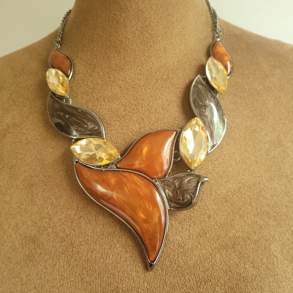Statement Enamel Faux Crystal Bib Necklace Autum Orange Brown  Whimsigoth